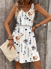 A-Line Loose Buttoned Elasticity Flower Print V-Neck Mini Dresses